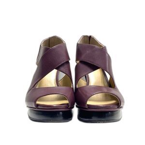 Michael Kors Elena Leather Cross Strap Peep Toe Platform Heels Plum Size 8
